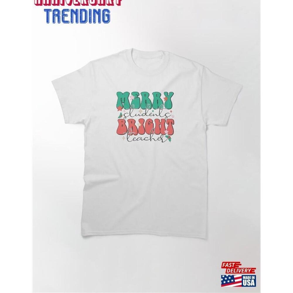 Merry Students Bright Teacher Retro Christmas Graphic T-Shirt